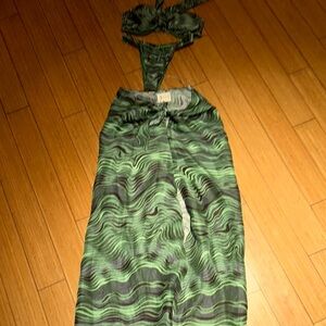Cult Gaia Green and Black Swirl Pattern bikini and sarong.
